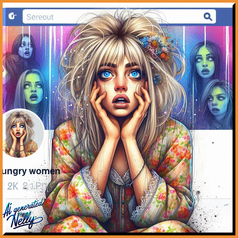 Illustrated shocked woman with blue eyes and hands on her face, shown in a social media-style frame