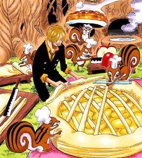 One Piece anime characters around golden dish with decorative ship