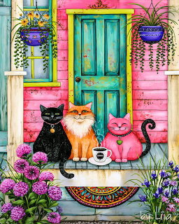 Three cats on a bright pink porch with turquoise door, hanging flower baskets, and purple blooms