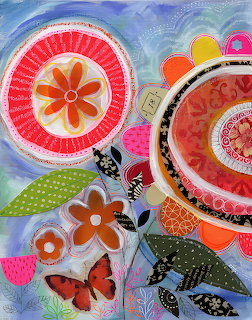 Abstract floral collage painting with circular motifs, flowers, and a butterfly