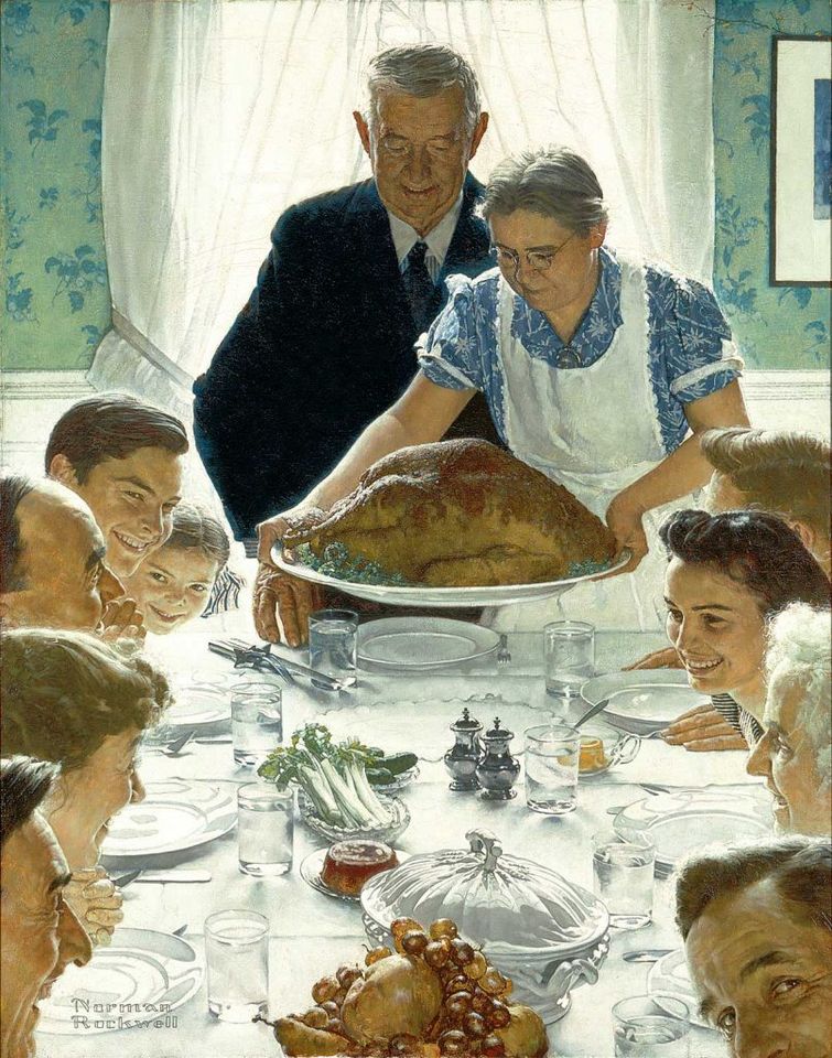 Norman Rockwell painting of family gathering around dining table for Thanksgiving dinner with roasted turkey