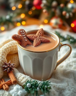 White mug of hot chocolate with gingerbread man cookie and star anise, surrounded by Christmas decorations and warm lights
