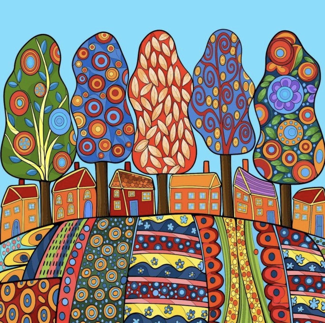 Colorful stylized trees with circular patterns above patterned houses in folk art style