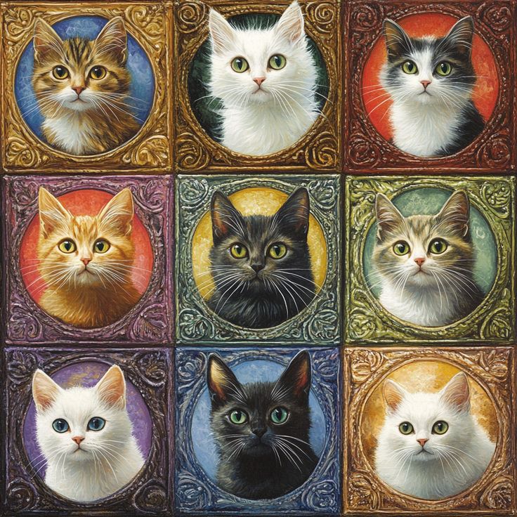 Nine cat portraits in ornate gold and jewel-toned frames arranged in a 3x3 grid