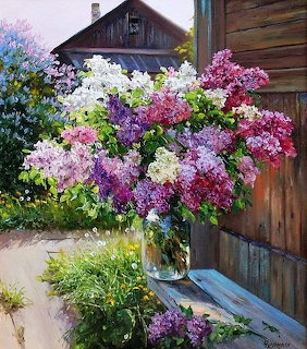 Painting of pink, purple, and white lilacs beside a wooden house and garden path