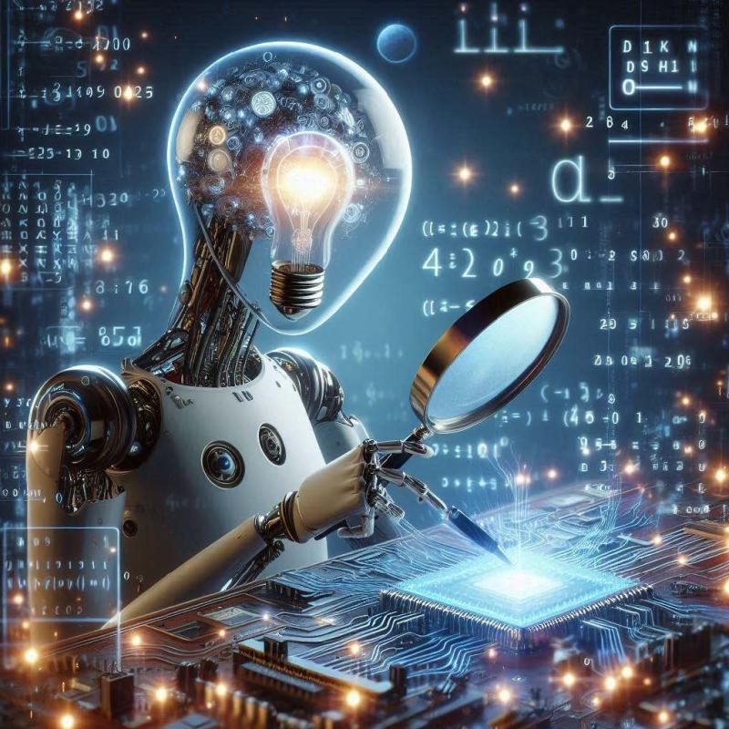 Humanoid robot with a lightbulb head holding a magnifying glass over a glowing microchip