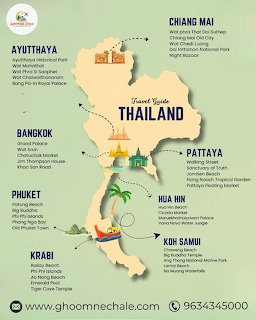 Illustrated Thailand travel guide map with tourist destinations and landmark icons