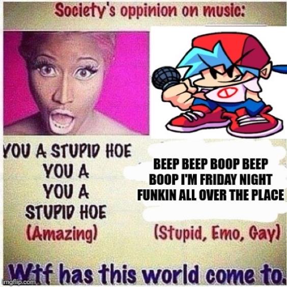 Meme collage with a surprised woman, a cartoon boy with a microphone, and text about music opinions
