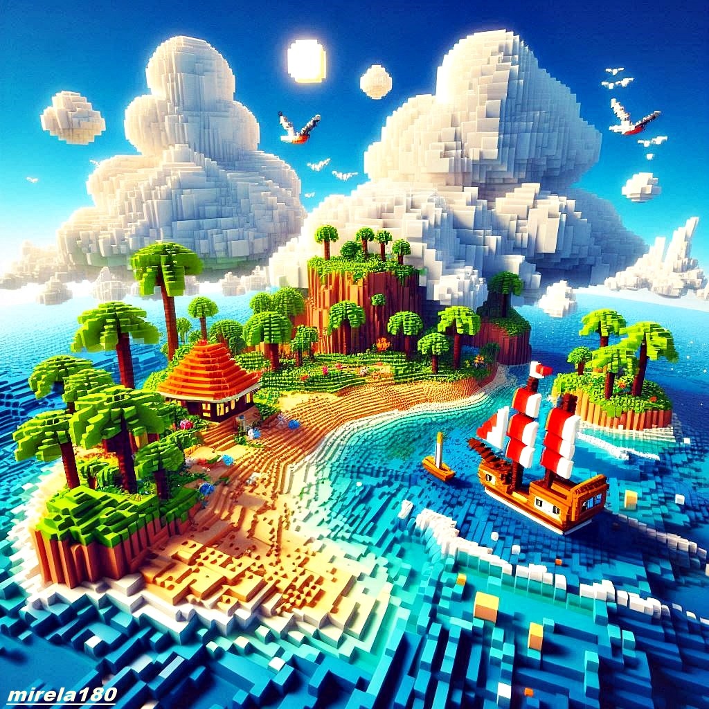 Colorful voxel art of a tropical island with palm trees, ship, and puffy clouds in Minecraft block style