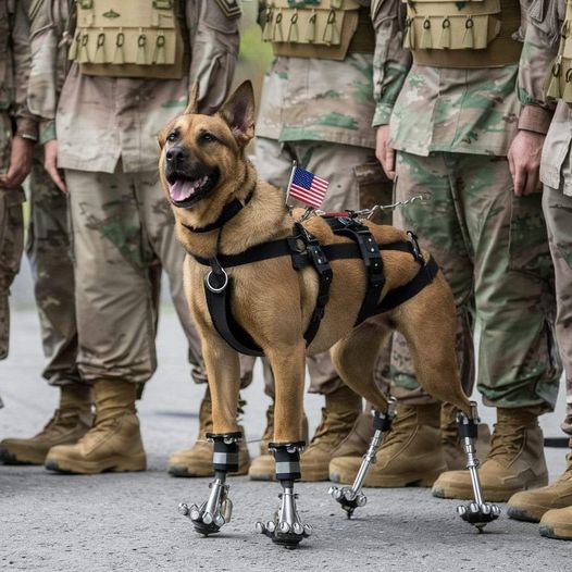German Shepherd military dog with prosthetic legs and harness standing in front of soldiers in uniform