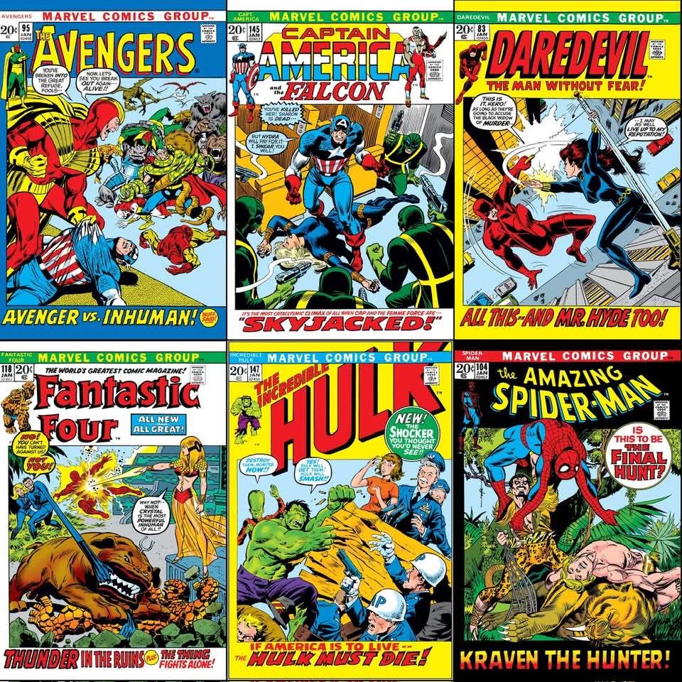 Six vintage Marvel superhero comic book covers arranged in a 2x3 grid showing classic characters and action scenes