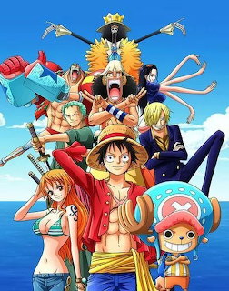 One Piece anime crew poster showing Straw Hat Pirates in action poses with blue ocean background