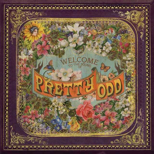Ornate floral album cover with butterflies, tea cup, and Pretty. Odd. text in a purple border