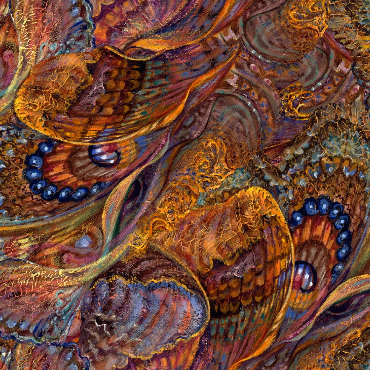 Intricate fantasy painting showing colorful layered wings and swirling abstract patterns