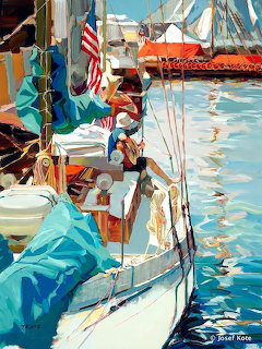 Impressionistic harbor painting with docked sailboats, masts, and blue water reflections