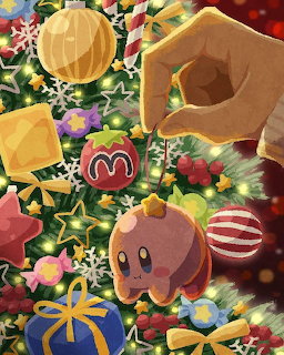 Pink Kirby character in a Christmas-themed illustration with festive decorations