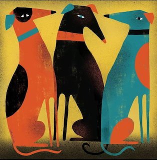 Three stylized greyhound dogs in folk art style with bold colors on yellow background