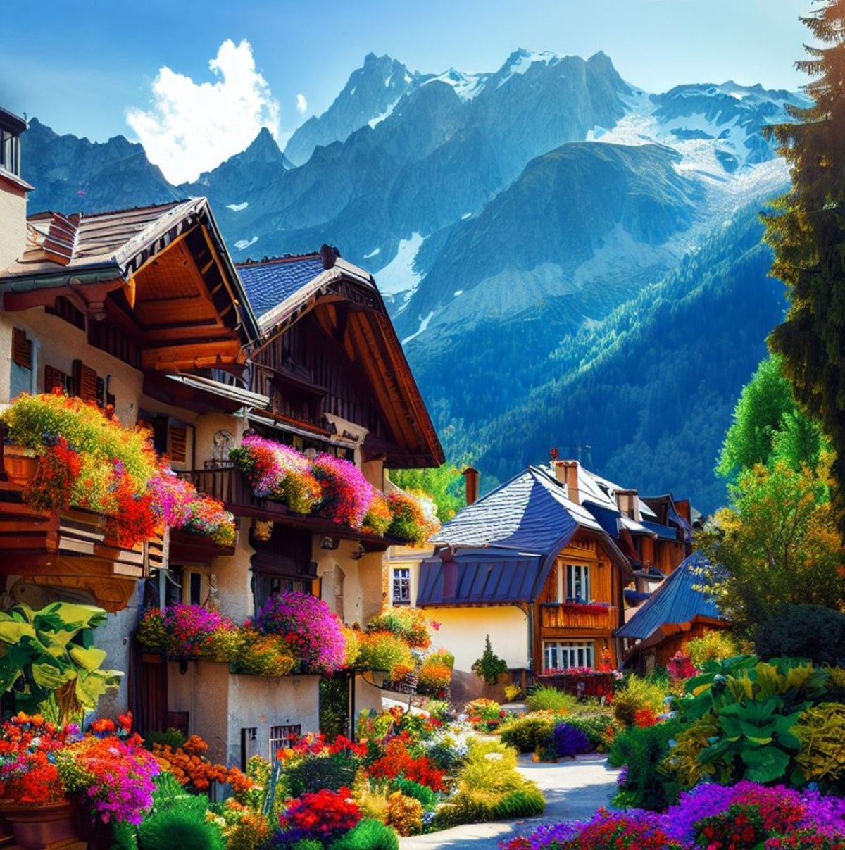 Colorful alpine village chalets with flower boxes against snowy mountain backdrop