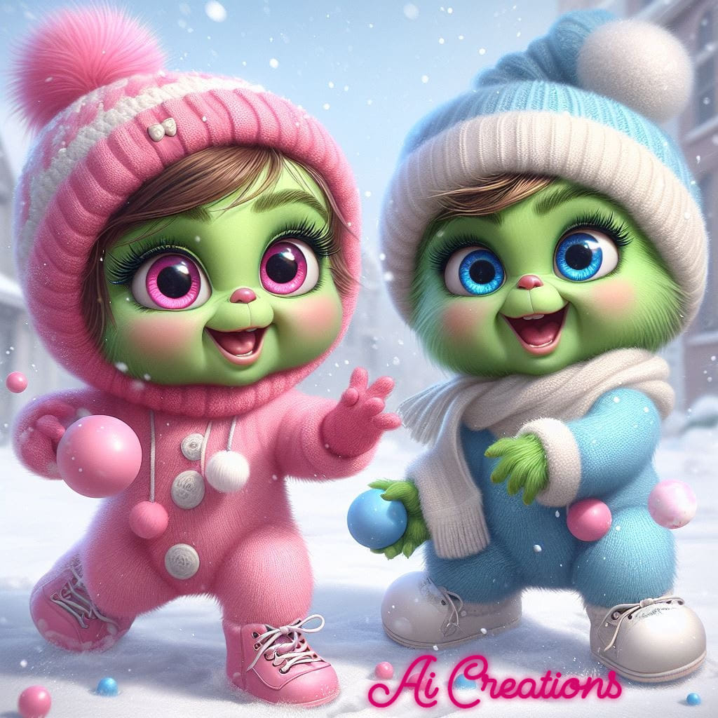 Two cute green cartoon toddlers in pink and blue winter clothes standing in snow