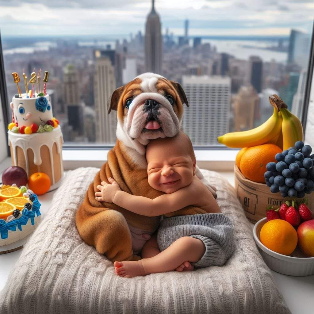 Baby and Bulldog Cityscape