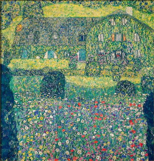 Klimt painting of house with colorful garden flowers and green foliage in decorative pointillist style