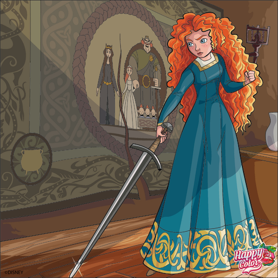 Illustration of Merida from Brave holding a sword and candle in a castle room