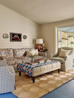 Bright country living room with floral furniture and patterned textiles