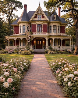 Victorian mansion with a porch, brick walkway, and flower garden in front