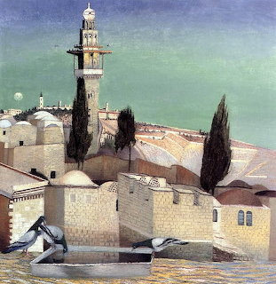 Painting of a Mediterranean town with a bell tower, cypress trees, stone buildings, and birds