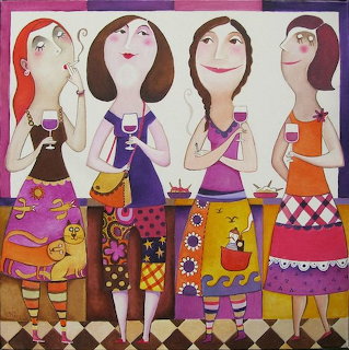Four cartoon women in colorful patterned dresses holding wine glasses