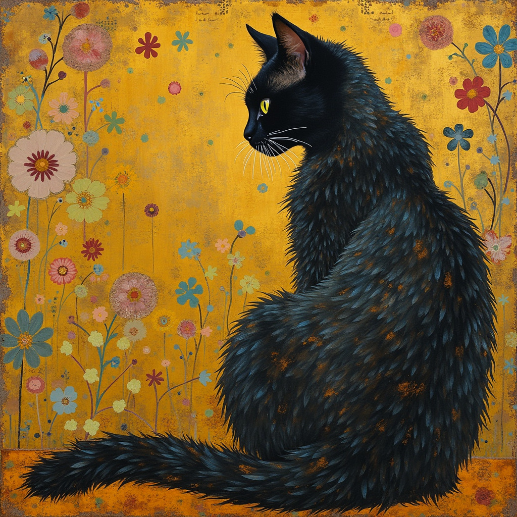 Black cat sitting in profile surrounded by colorful flowers on golden yellow background