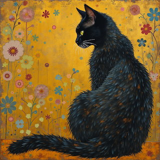 Black Cat in Floral Garden