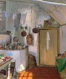 Painting of a rustic kitchen interior with hanging pots, a cupboard, bottles, vegetables, and sunlight