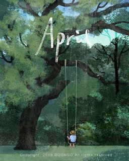 Illustration of a girl on a swing hanging from a large green tree with the word April above