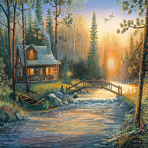 Log cabin by a serene lake surrounded by pine trees at sunset with a canoe on the shore and wooden dock