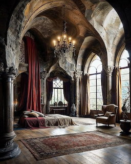 Gothic bedroom with stone arches, chandelier, tall windows, draped bed, and vintage furniture