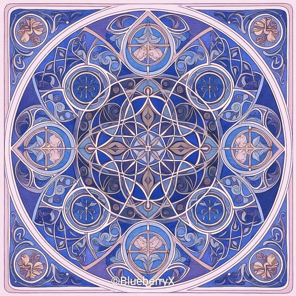 Ornate blue and pink mandala with symmetrical geometric patterns and circular motifs