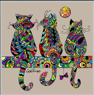 Three decorative cats with colorful mandala and floral patterns sitting on ornate border