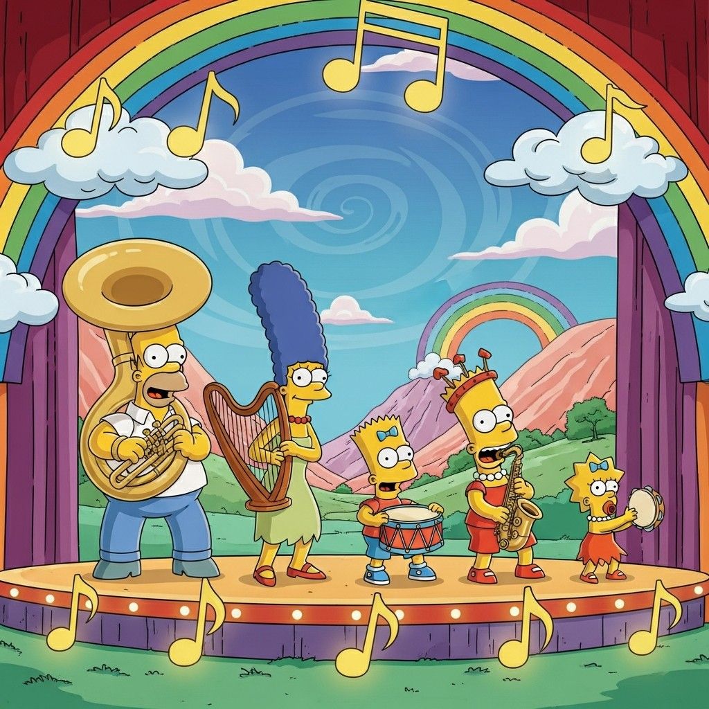 Simpsons family playing musical instruments on stage with rainbow backdrop