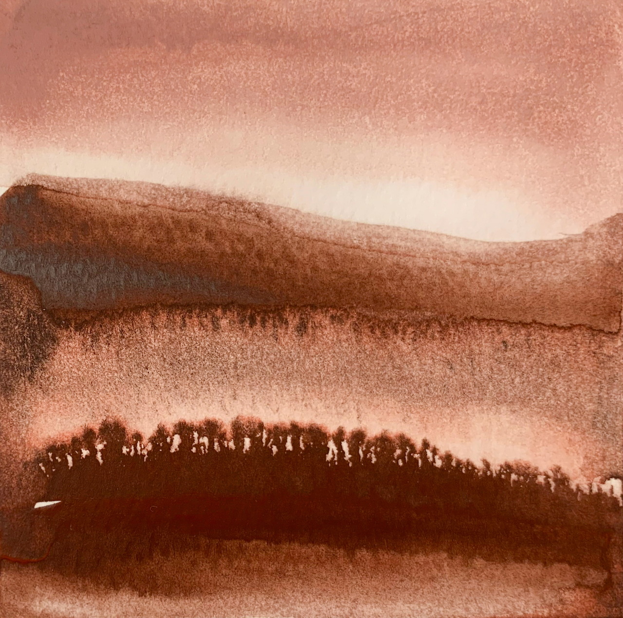Abstract watercolor painting of soft mountain ridges in brown and pink tones