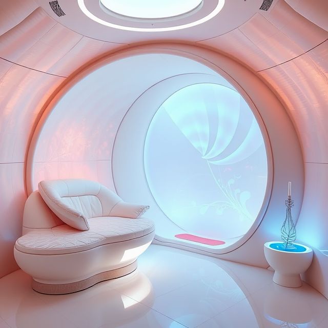 Pastel futuristic room with a curved white chair, round window, and small potted plant