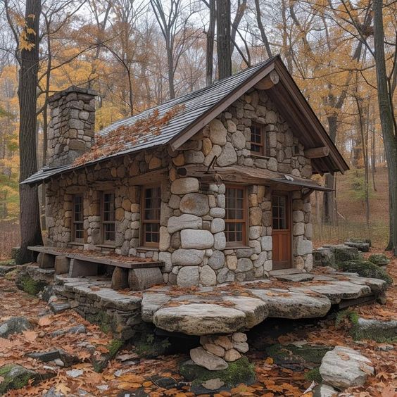 Small rustic stone cabin with log walls in a foggy autumn forest surrounded by fallen leaves