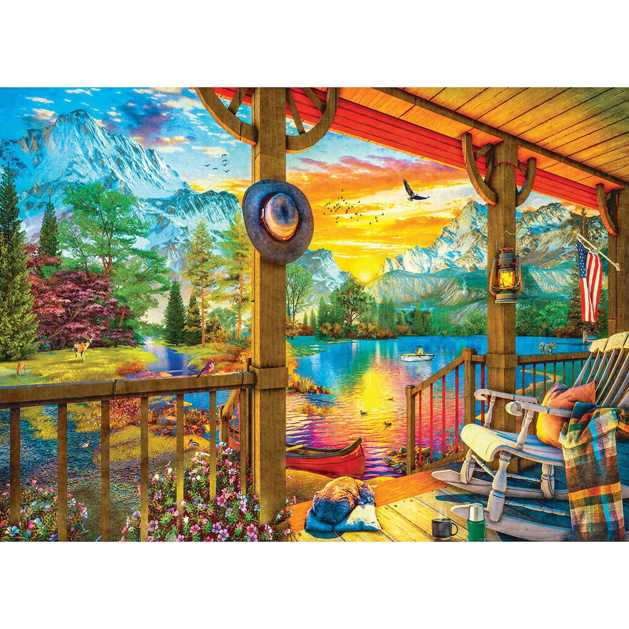 Vibrant painting of covered porch with rocking chair overlooking sunset lake surrounded by mountains and flowering garden