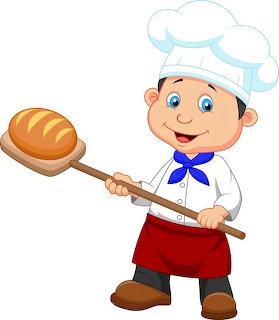 Cartoon baker boy in a chef hat holding a bread loaf on a wooden peel