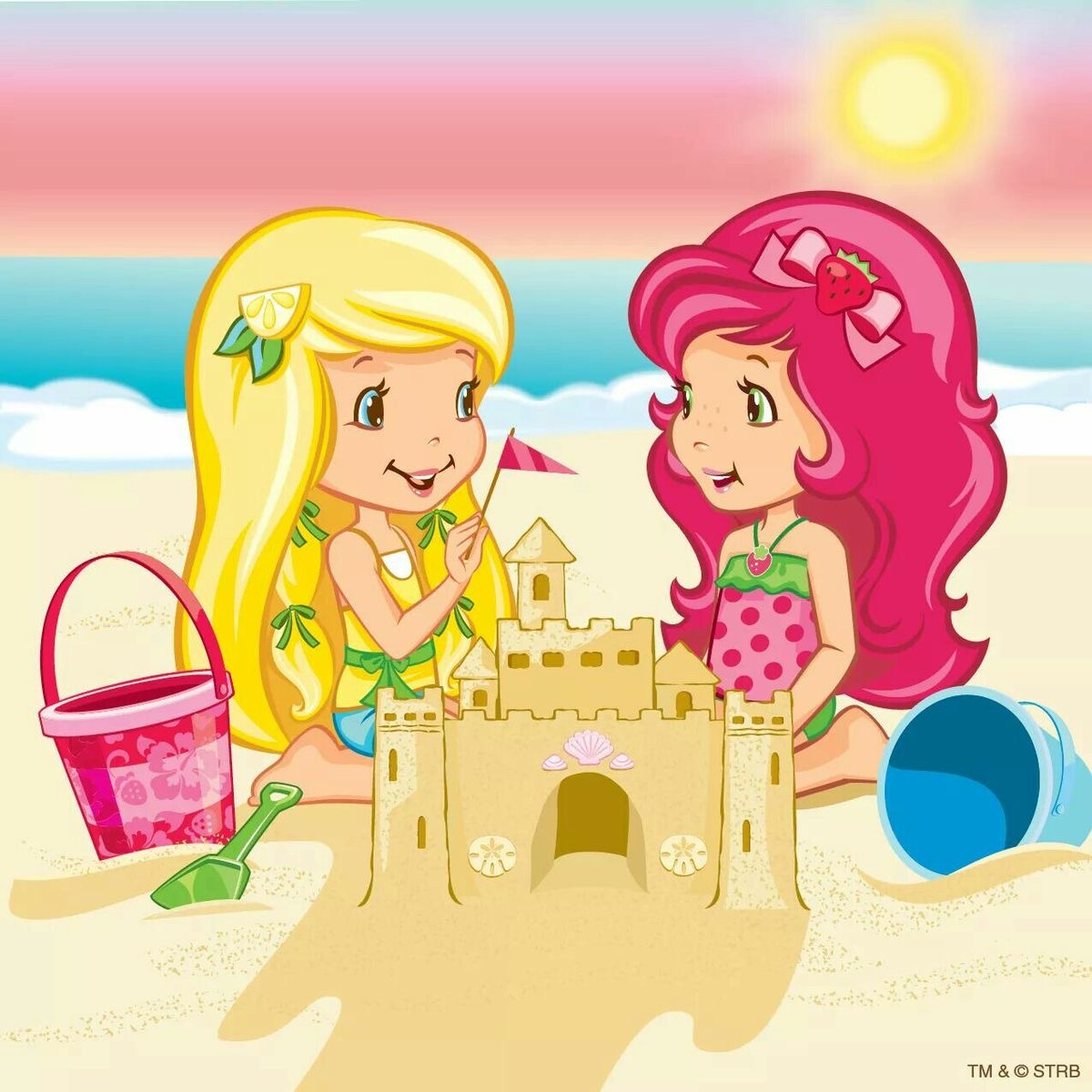 Cartoon girls building a sandcastle on a sunny beach with a bucket and shovel