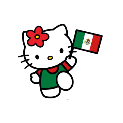 Hello Kitty cartoon holding Mexican flag wearing green outfit with red flower