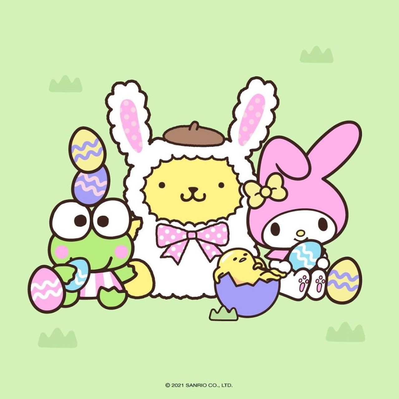 Sanrio characters wearing bunny ears with Easter eggs on green background