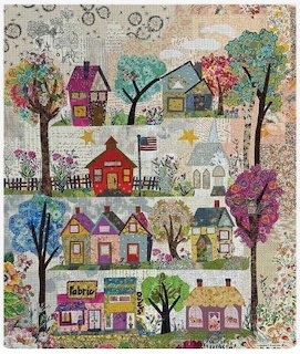 Colorful patchwork illustration of small houses with trees, fences, and floral patterns