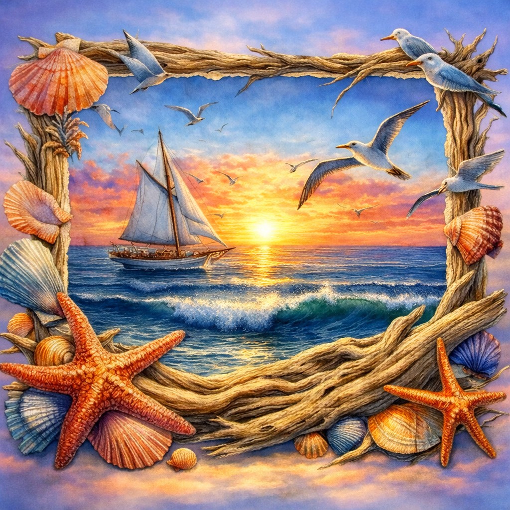 Sailboat sailing on ocean at sunset with seashell and driftwood frame, seagulls flying in colorful sky