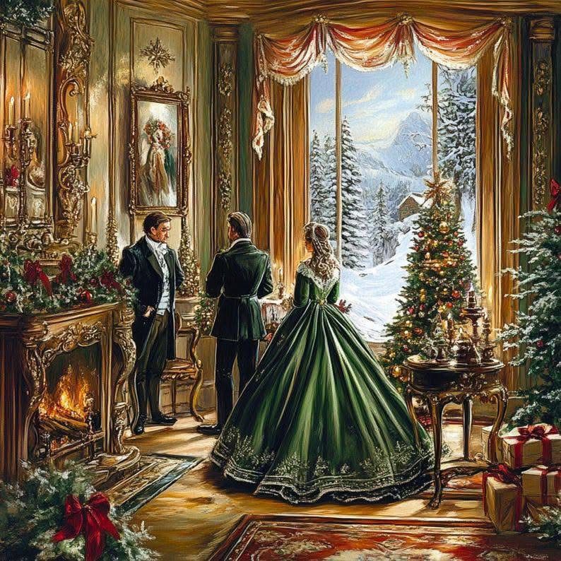 Victorian men and woman in an ornate room with a Christmas tree, fireplace, and snowy view outside
